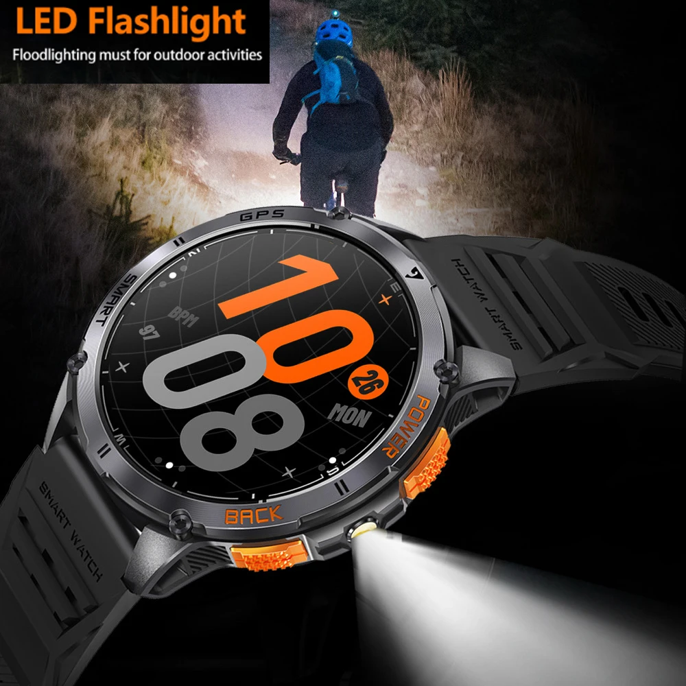 High-level GPS Sports Smart Watch AMOLED Screen Waterproof LED Flashlight Compass Outdoor Men Watches Health Smartwatch 530Mah