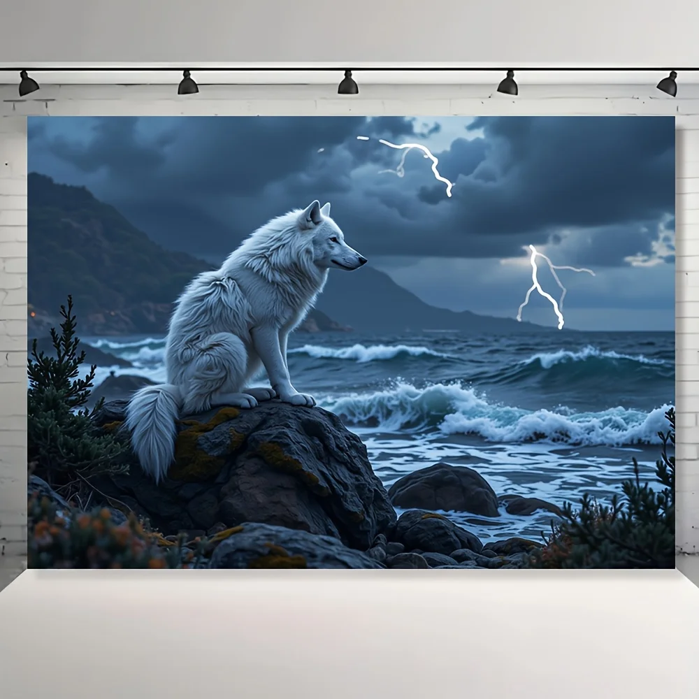 

White Wolf Tapestry Storm Ocean Scene Wall Hanging Wildlife Art Home Decor Free Hooks Included Simple Installation non-toxic