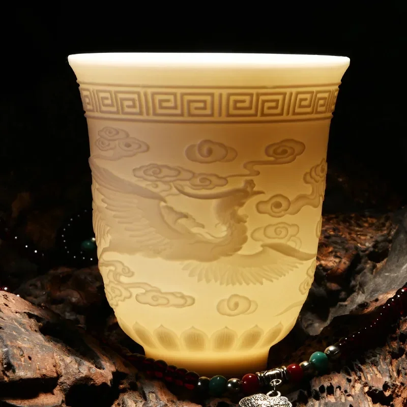 White Jade Embossed Ceramic Dragon and Phoenix Tea Cup Master Kung Fu Tea Set Tea Tasting Cup Household White Porcelain Cup