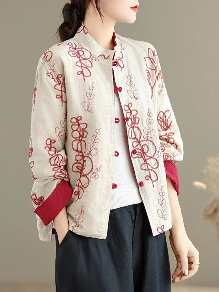 Nuovo cinese Sle double-face ricamato in cotone e lino Jaet da donna Primavera Autunno Unico squisito servizio da tè Cardigan aperto...