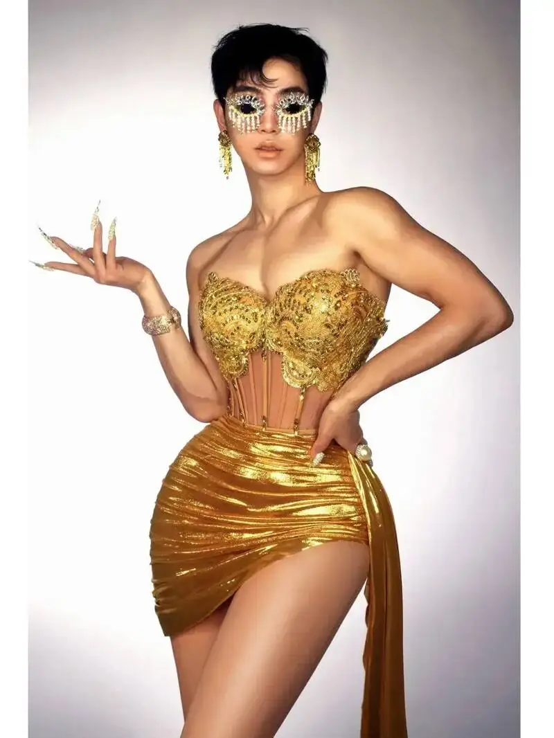 

Золотистое женское сексуальное мини-платье без бретелек из 2 частей, облегающее, для бара, ночного клуба, вечеринки, празднования дня рождения, оптом B48Q