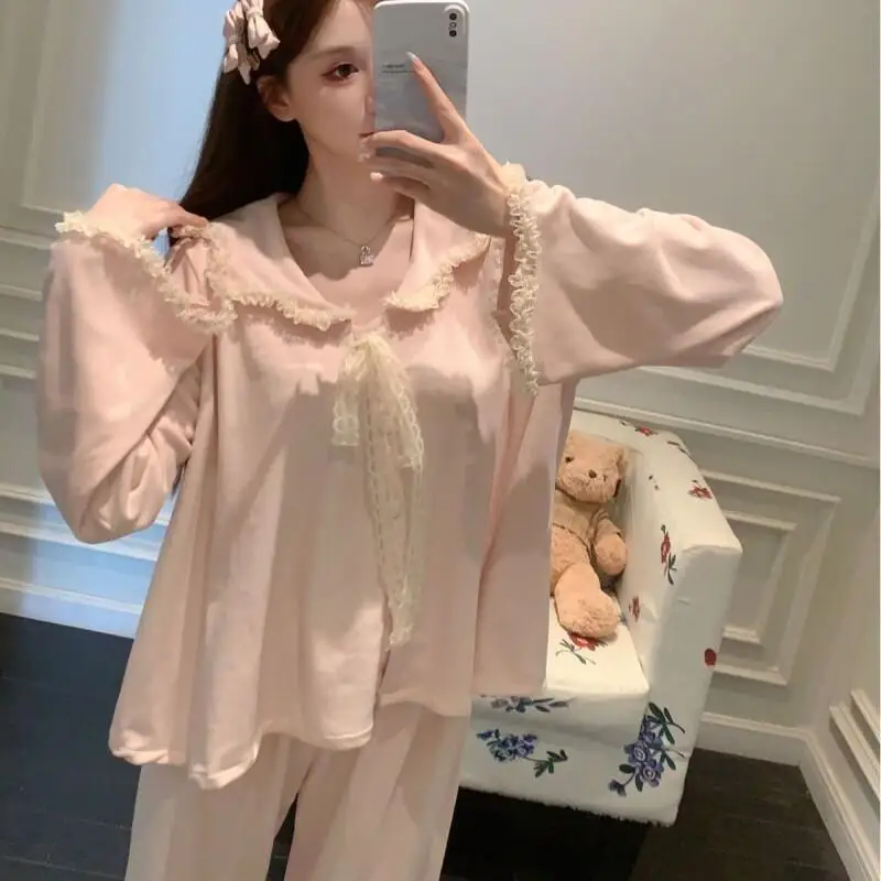 

Coral Fleece Pajamas Women Lace Solid Color Long Sleeve Long Pants Collar Homewear Sweet Autumn New Double Sleepwear Set