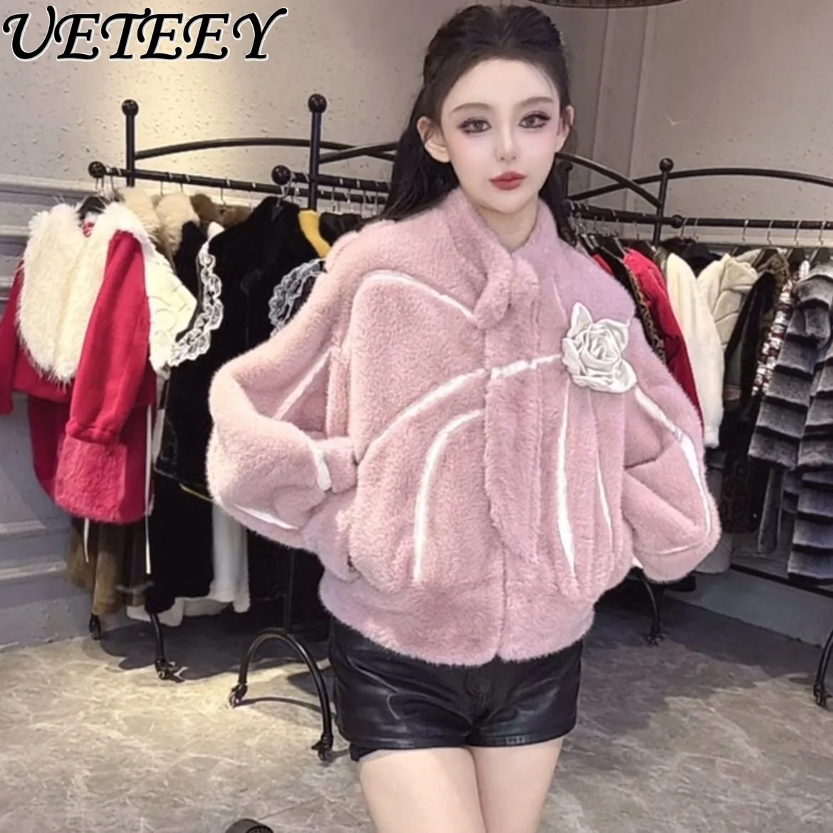 

2025 Hot Sale Fashion Exquisite Three-Dimensional Flower Furry Coat Stylish New Thickened Winter Stand Collar Pink Jacket