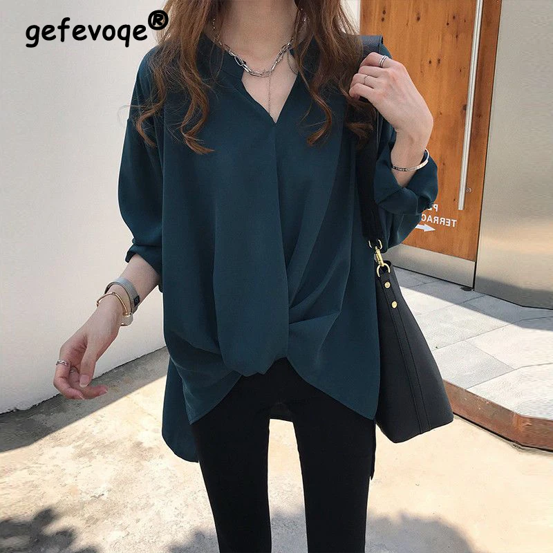 Women Korean Simple Style Irregular Oversized Streetwear Blouse Trendy V Neck Long Sleeve Solid Casual Shirts Blusas Para Mujer