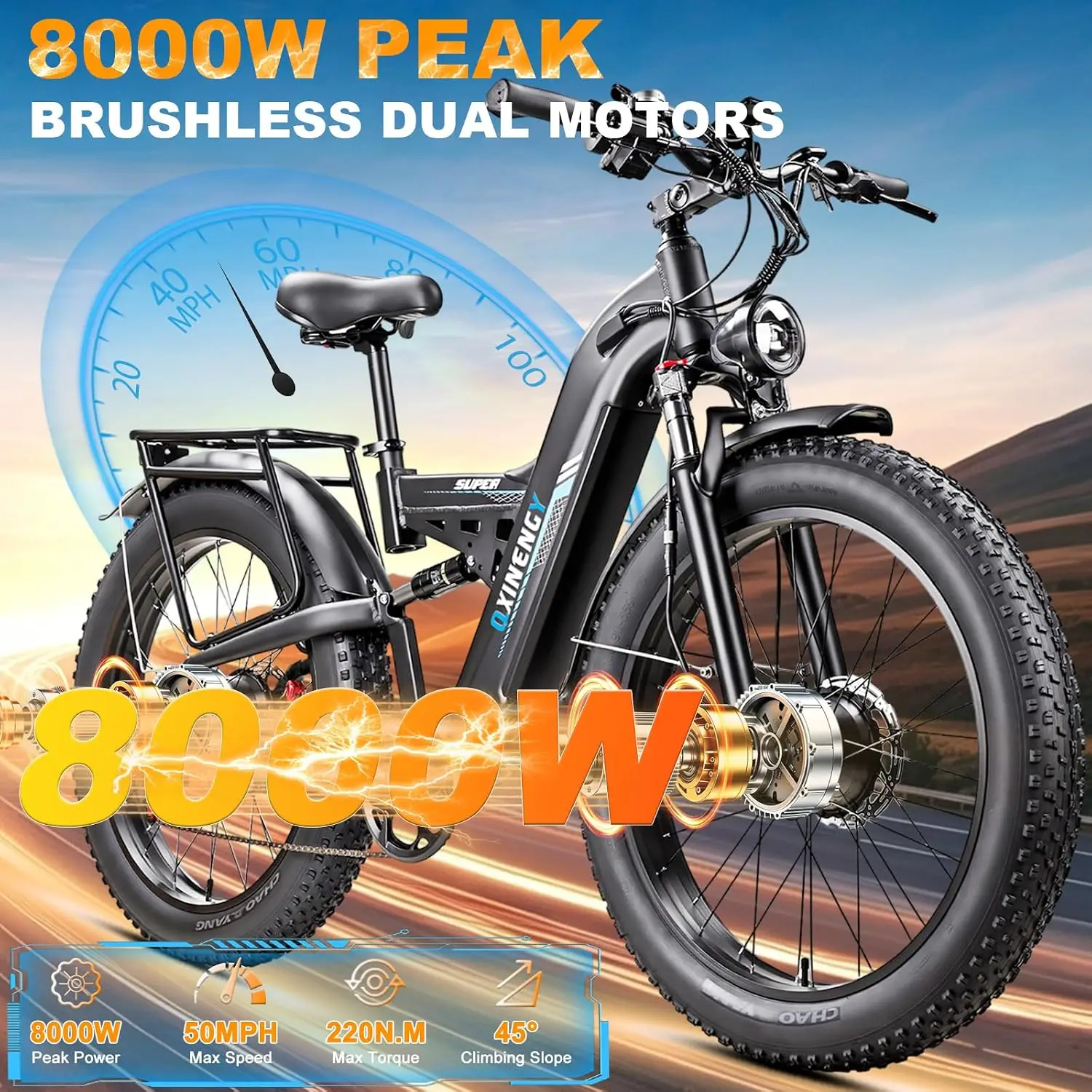 Dual Motor Ebike for Adults 8000W Peak 52V 30AH 105 Miles Range 50 MPH, Customized