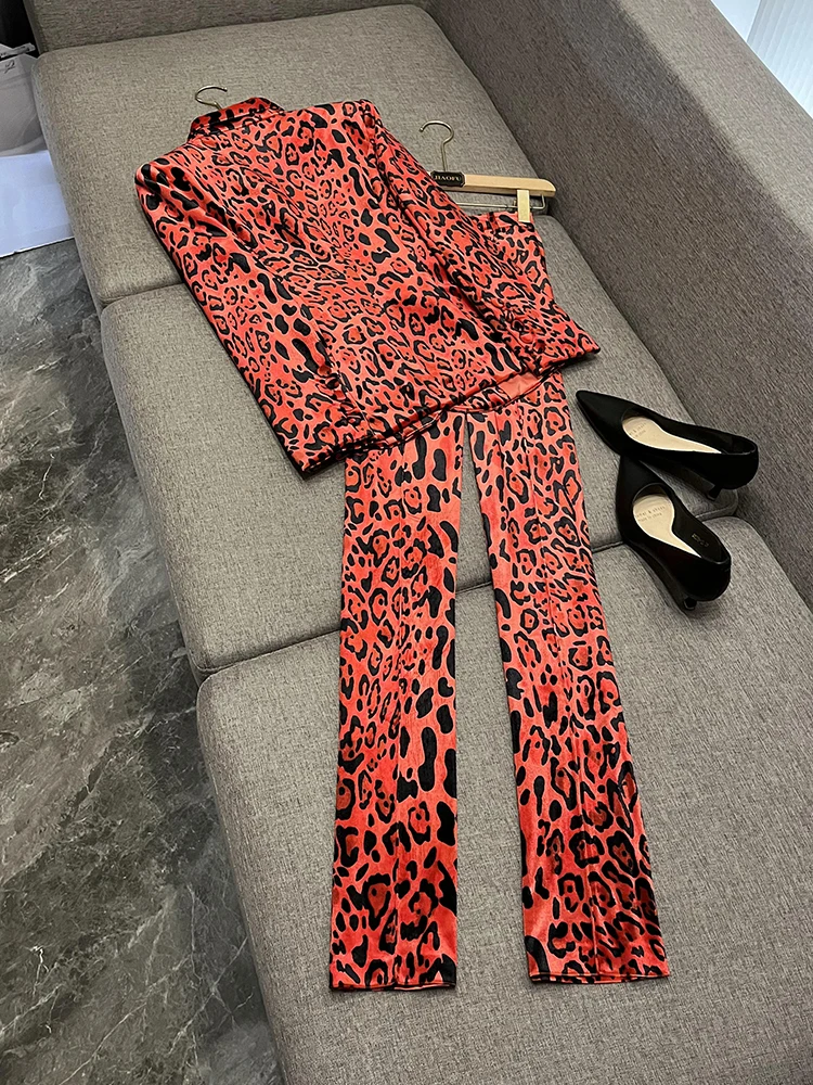 High Quality Velvet Lady Fashion Office Suit Woman Notched Long Sleeve Single Button Blazer Pencil Pants Leopard 2PCS