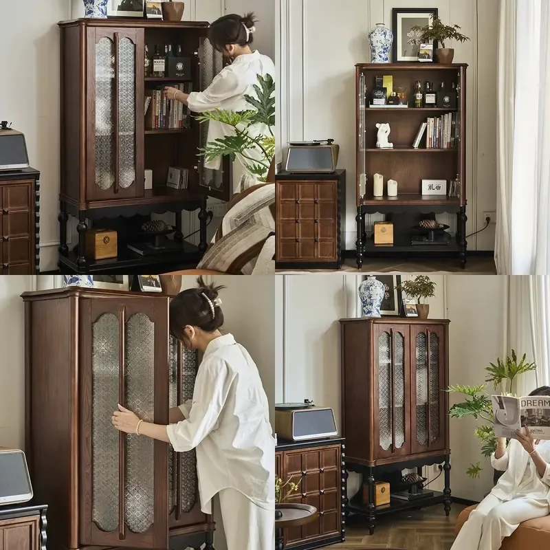 Retro Solid Wood Sideboard French Antique Dining Storage Cabinet Living Room Wine Bookshelf Decorative Locker Furniture