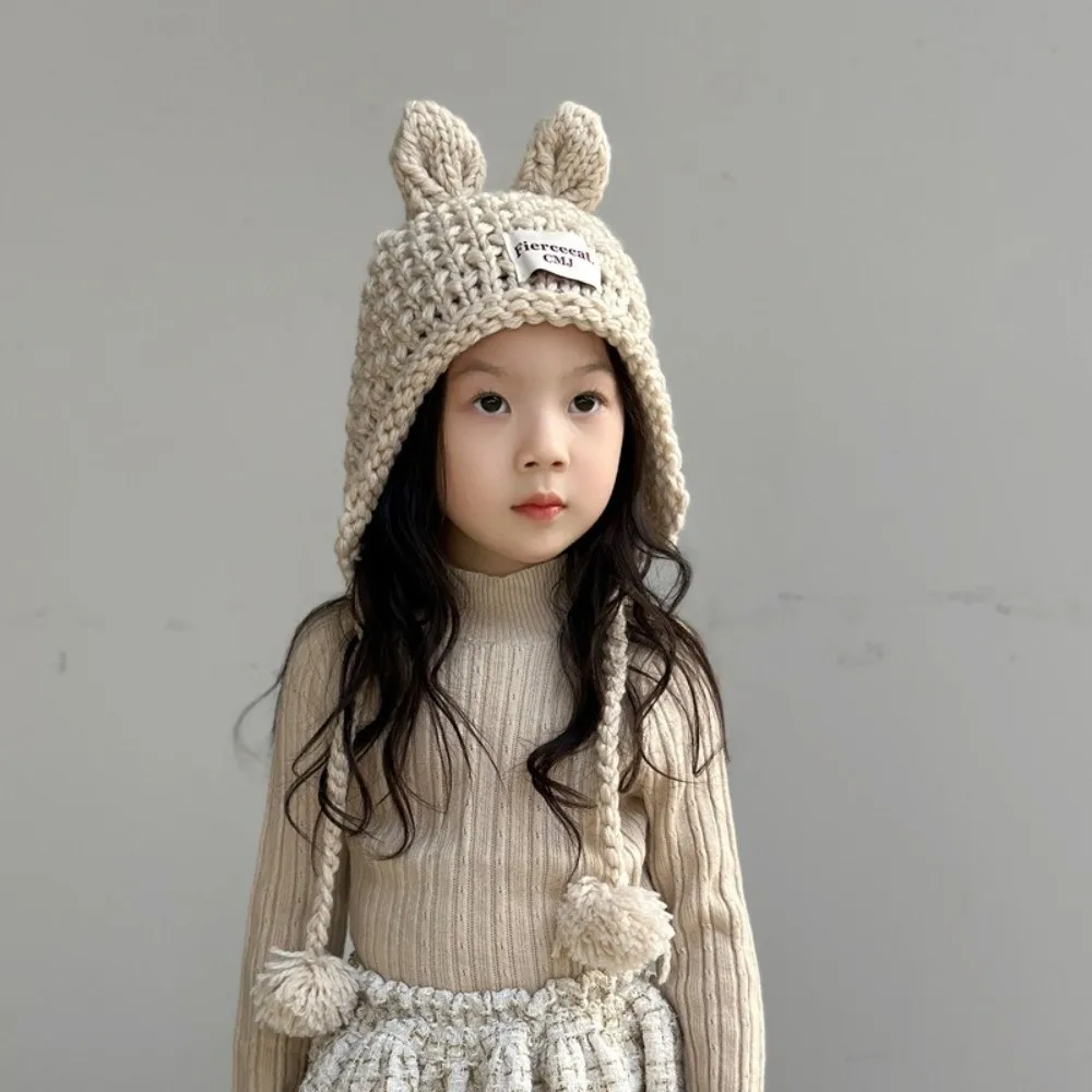 

Fashion Solid Color Baby Crochet Hat Soft Warm Rabbit Ear Hand Knitted Cap Autumn Winter Outdoor Ear Protection Cap Toddler