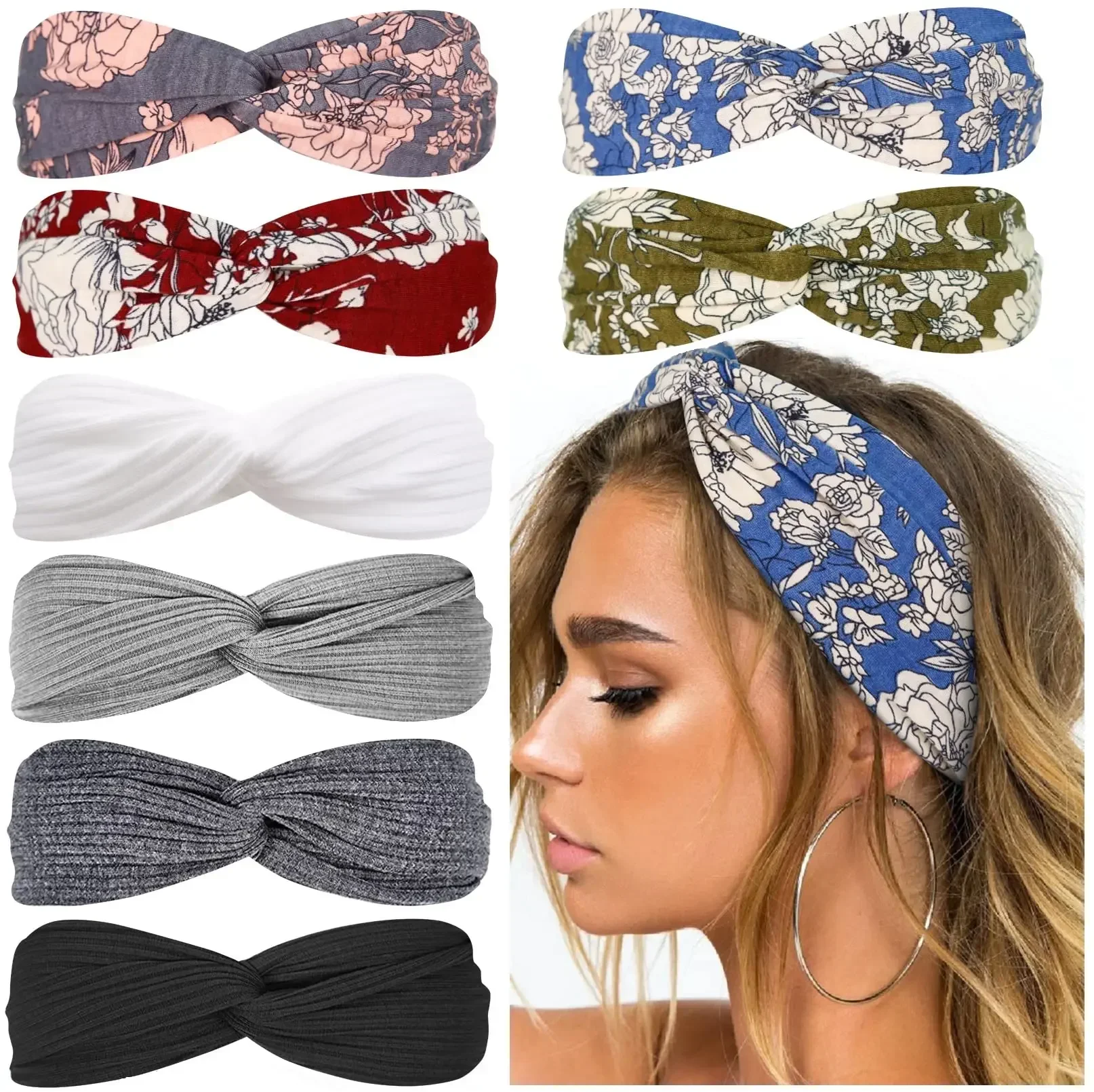 8Pcs Boho Head Bands For Women's Non Slip Twist Hair Bands For Fashion Summer Hair Accessories, Solid Color headbands