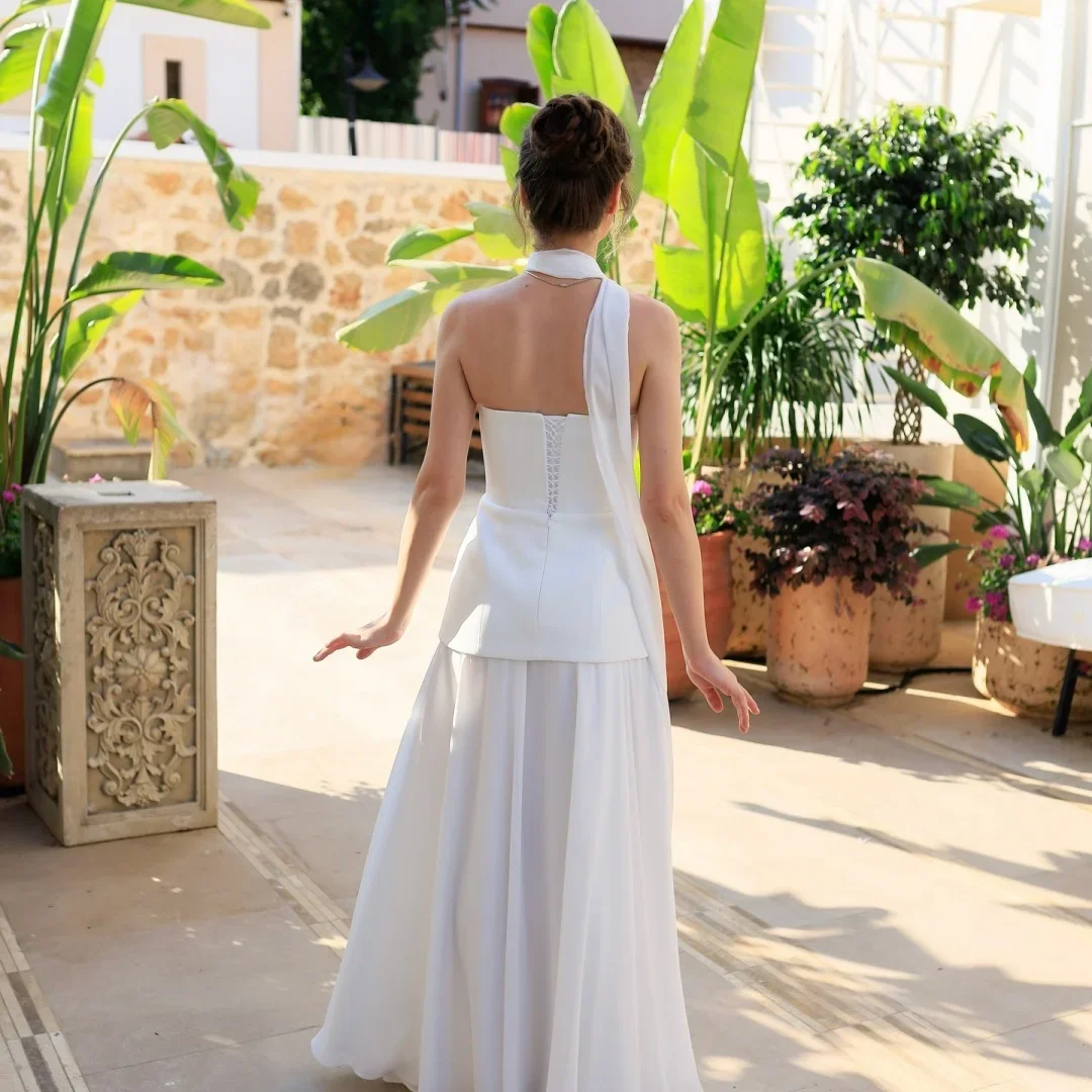 Maßgeschneiderte weiße lange Seidenschals, Ballkleider, trägerlos, rückenfrei, bodenlang, Vestidos de Festa