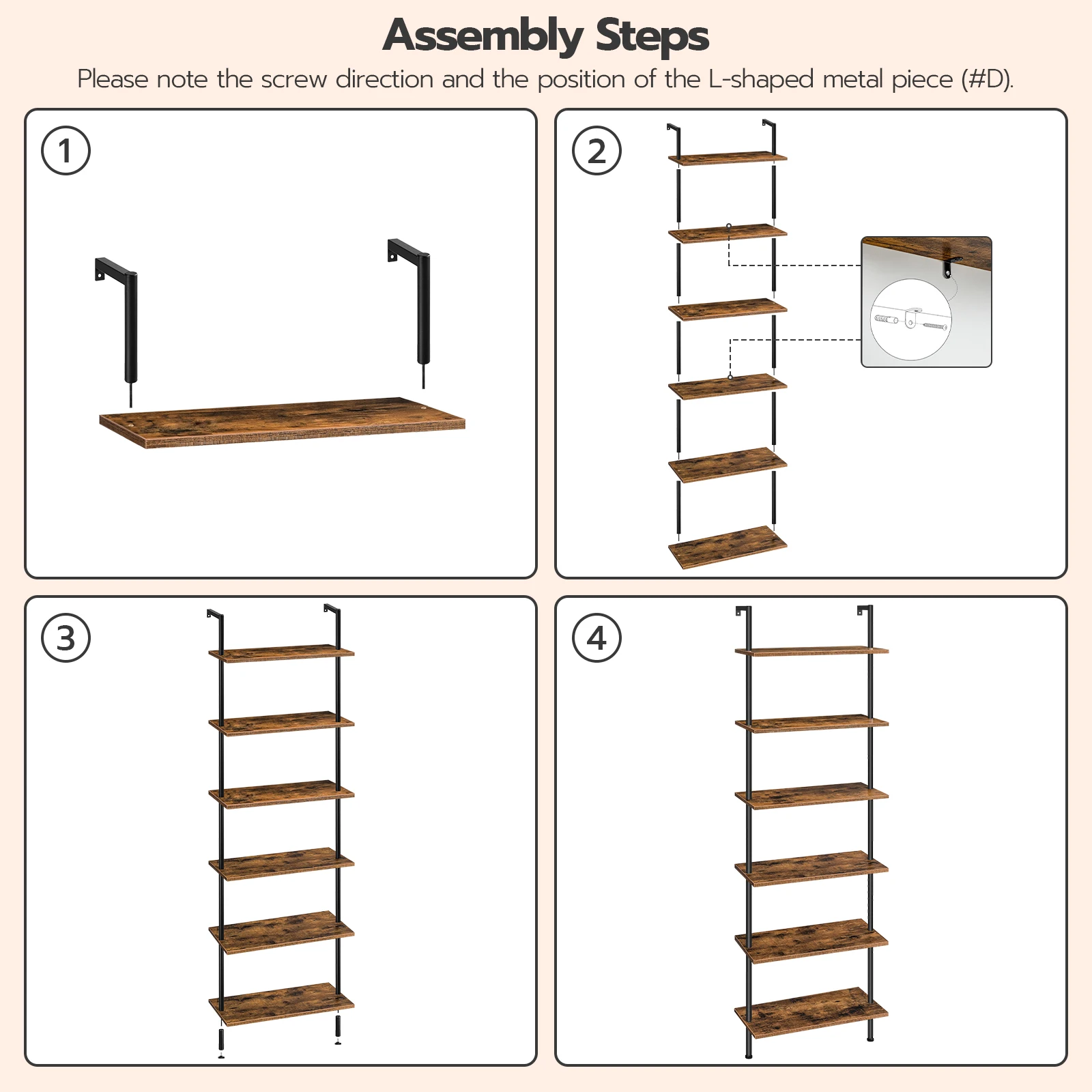 DIY Ladder Shelf, 6-Tier Wall Mounted Bookshelf, Office Vertical Bookcase, Wooden Storage Shelves for Home Office