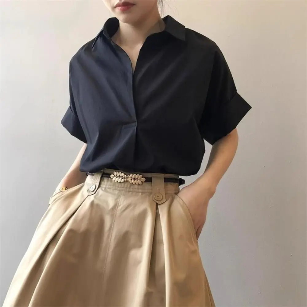 

Korean Style V-neck Flip Collar T-shirt Y2K Loose Short Sleeve Blouse Crop Top Chic Basic Tees Shirts Women Female