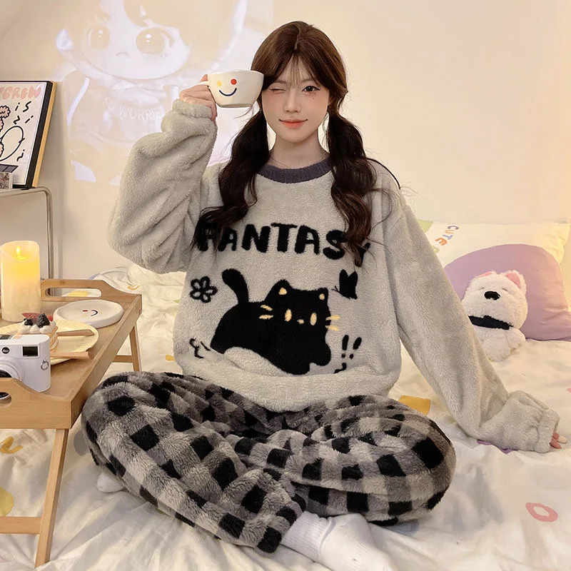 Korean Kawaii Black Cat PJS Fluffy Christmas Pajamas Set Women Warm Plush Flannel Homewear PJ Sleepwear Cute Plus Size Nightwear