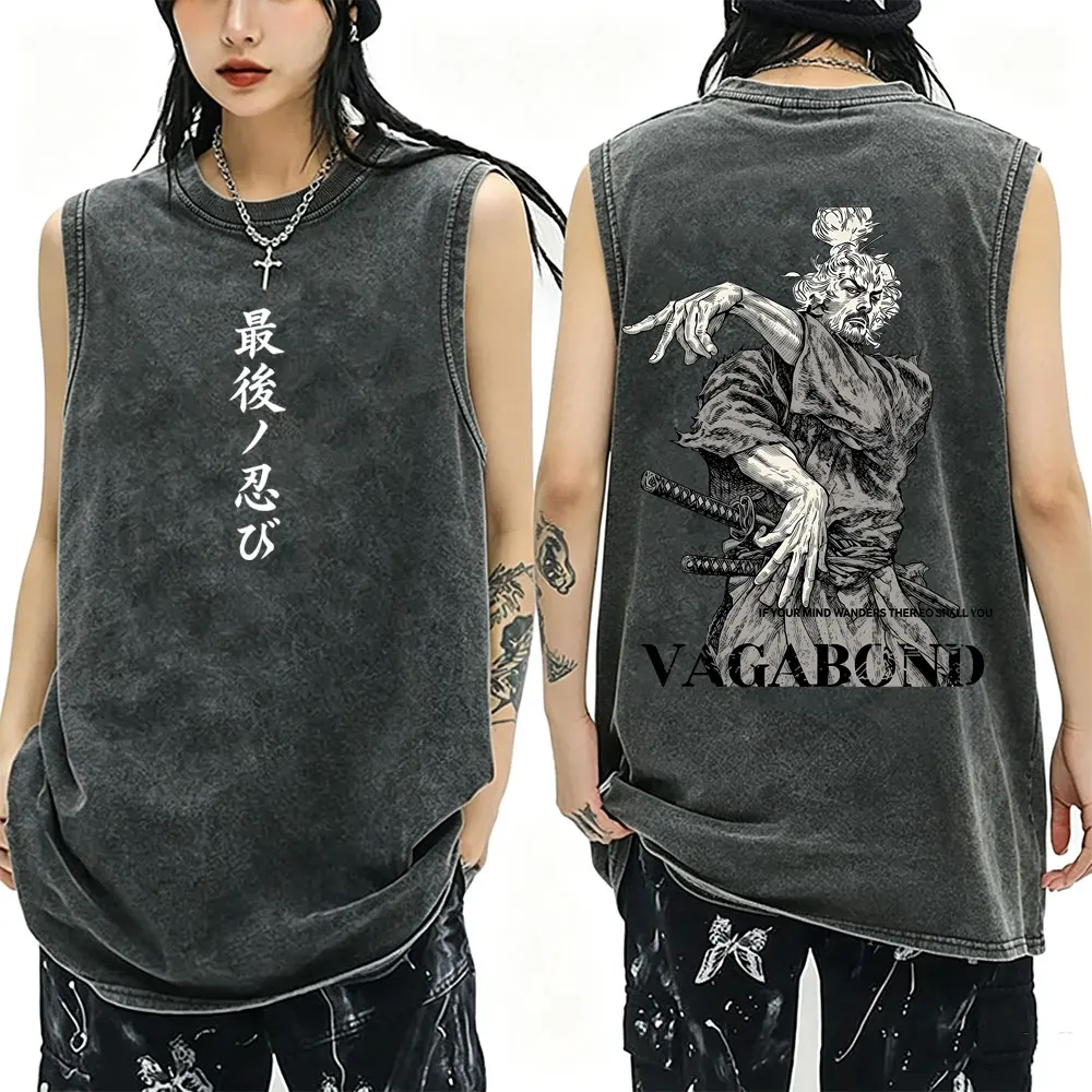 Anime Vagabond Miyamoto Musashi Vintage Washed Tank Tops Men Women Casual Oversized Sleeveless Vest T-shirt Harajuku Streetwear