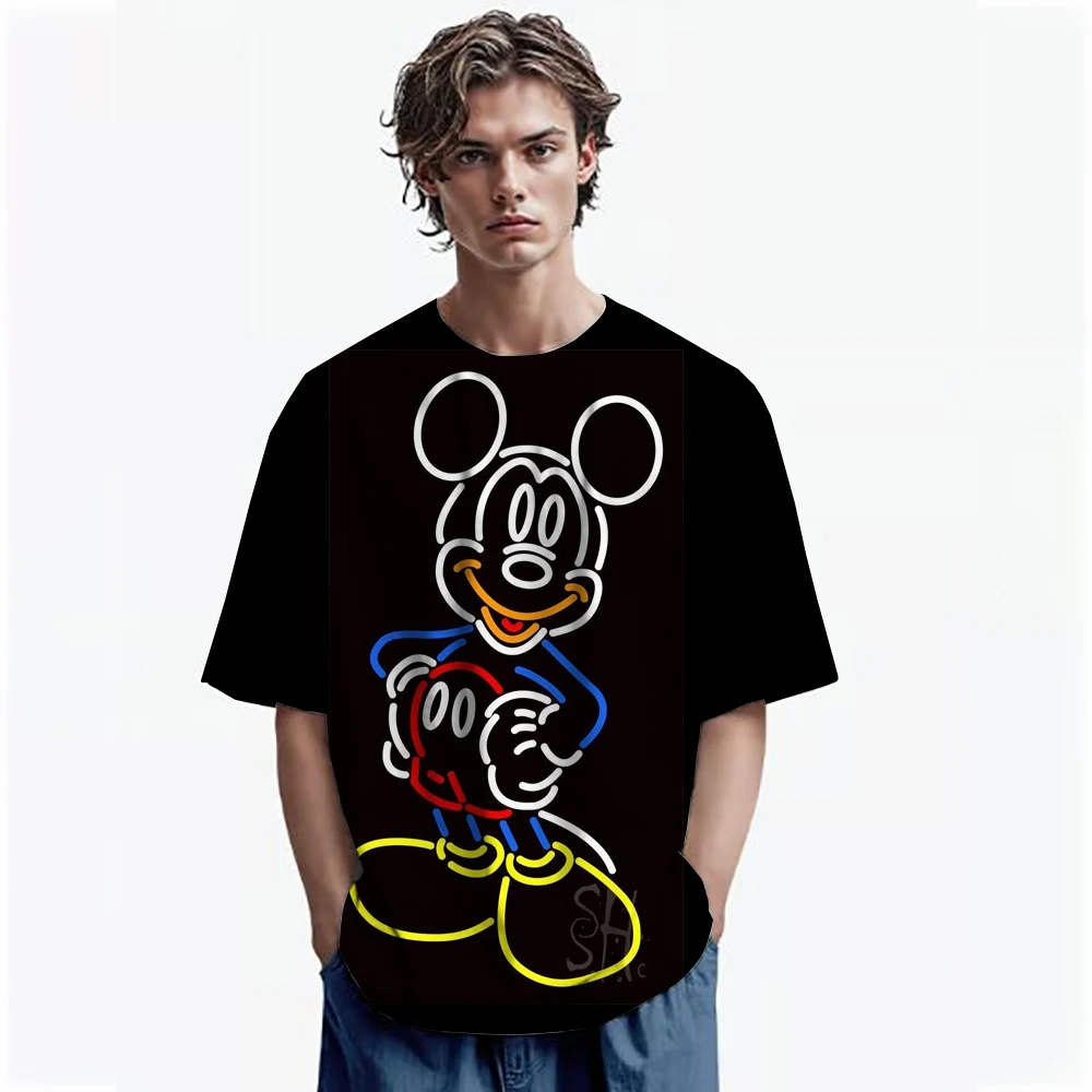 2025 Disney Men's T-shirt Mickey Mouse 3D Printed Short Sleeve Oversized T-shirt Men's and Women's T-shirt Disney Clothing