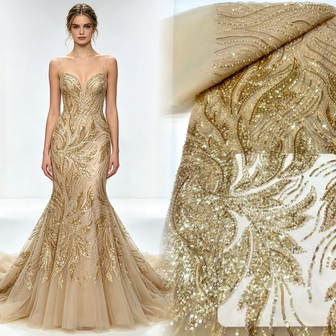 African Groom Beaded Lace Fabric High Quality Gold French Nigerian Sequin Lace Fabric for Bridal Wedding Party Material Sewing