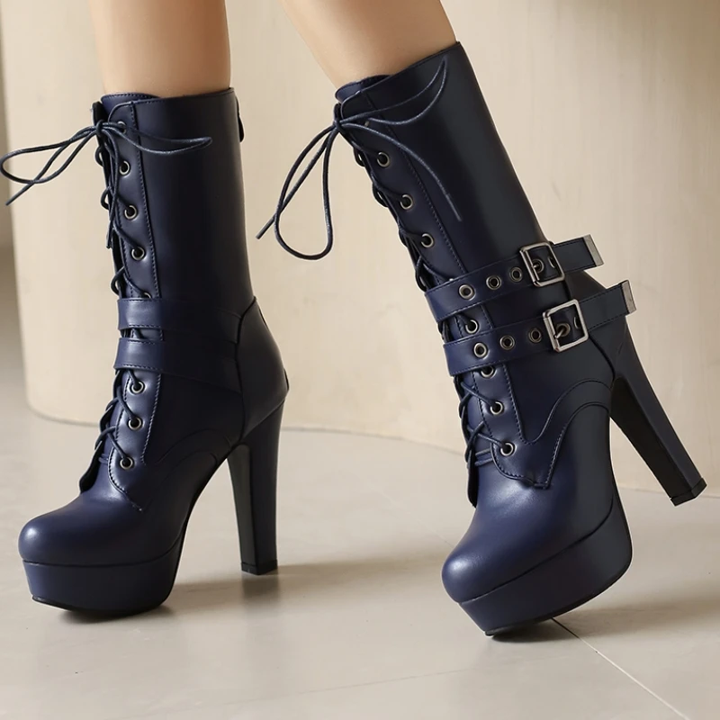 Botas a media pantorrilla para mujer, botas sexis con plataforma en negro, azul y blanco, tacones altos, zapatos de fiesta de baile con cremallera, talla grande 50, novedad de invierno 2024