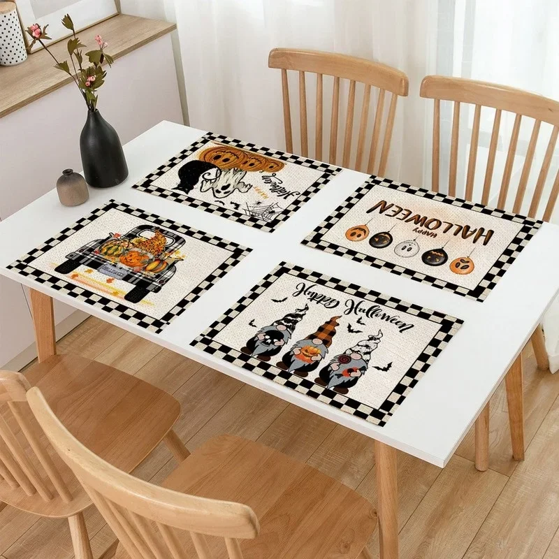 Consise 42x32cm Plaid Linen Halloween Placemat Heat Resistant Table Cup Mat Dining Party Home Decor Kitchen Table Accessories