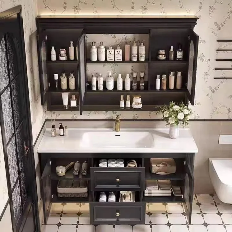Mirrored Cabinet,American Vintage Style Wall Mount Floating Luxury Hotel Bathroom Cabinet Vanities Set With Drawers And Mirror