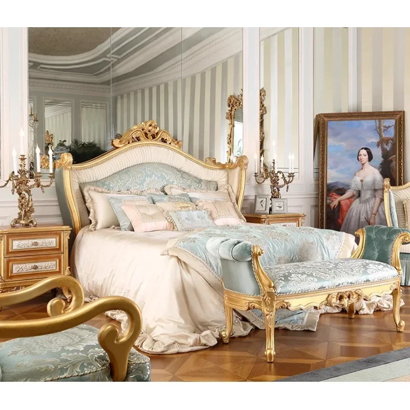 European-style villa bedroom furniture luxury solid wood carving flower fabric 1.8 meters