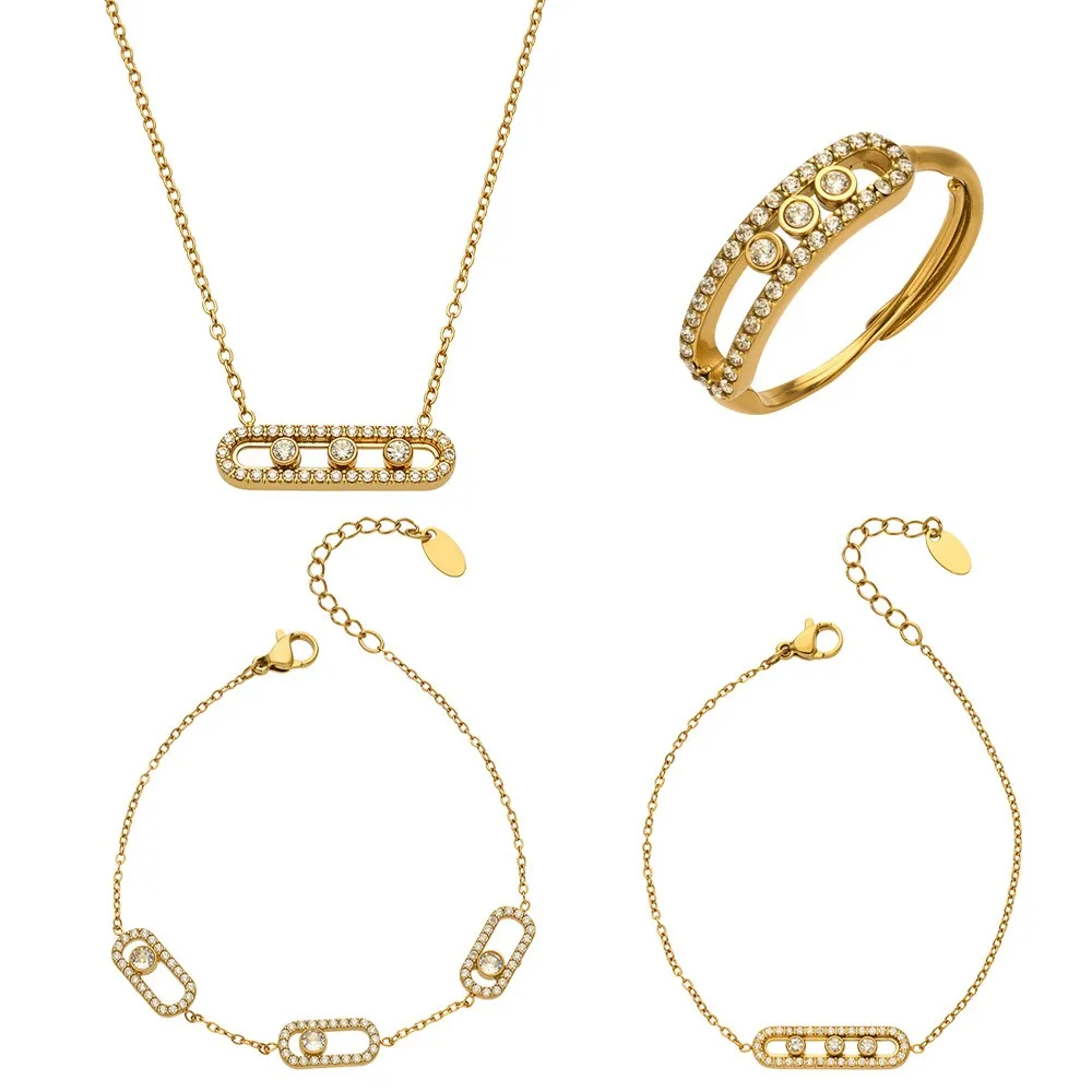 Edelstahl-Ketten-Halskette Armband Ring 18k Vergoldet Mit Funkelndem Zirkon Halsketten Armbänder Ringe Schmuckset für Damen