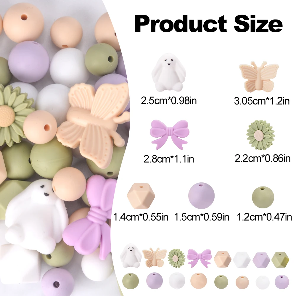 LOFCA 52Pcs Silicone cartoon bear beads Animal butterfly sunflower bead jewelry For Kit for DIY Jewelry, Keychains Accessories