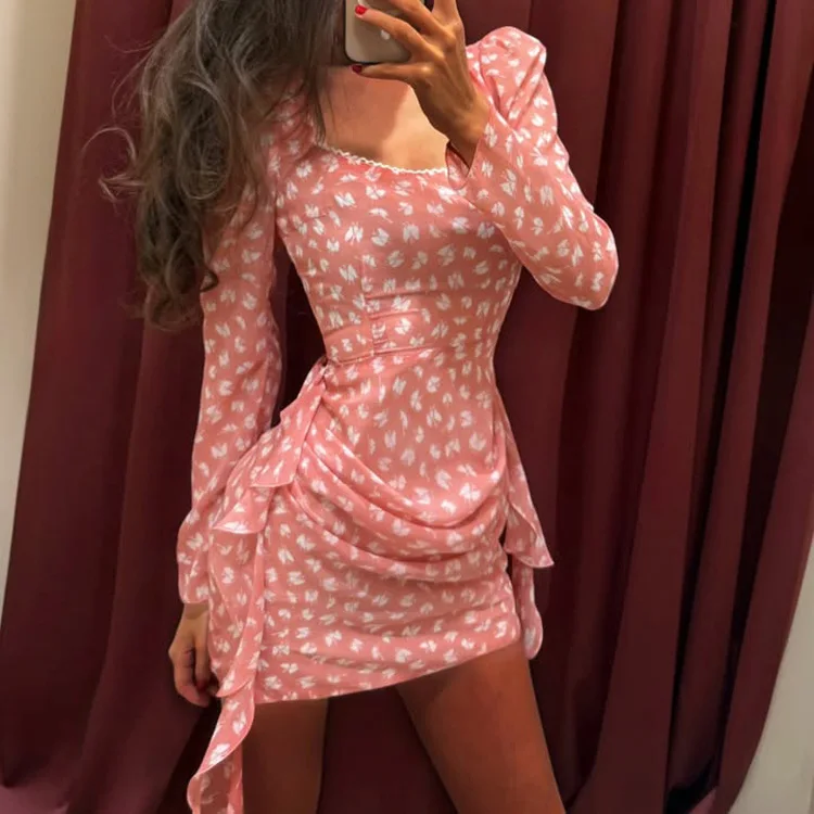 

Fashion Slim Print Women's Dress 2026 Sexy Square Collar Long Sleeve Mini Dresses Elegant Classic Lace-Up Female Dress
