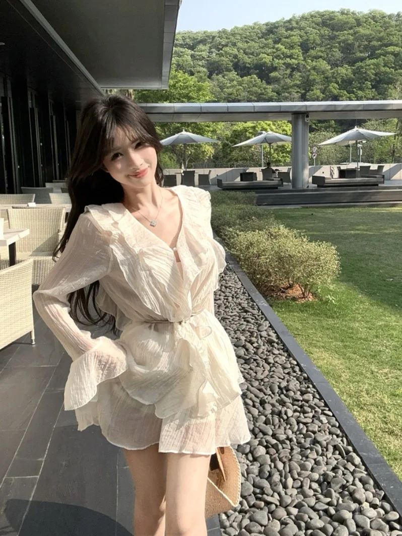 

Комплект из двух частей с защитой от солнца и юбки трапециевидной формы с высокой талией и расклешенными рукавами V-Ne, женская модная летняя одежда