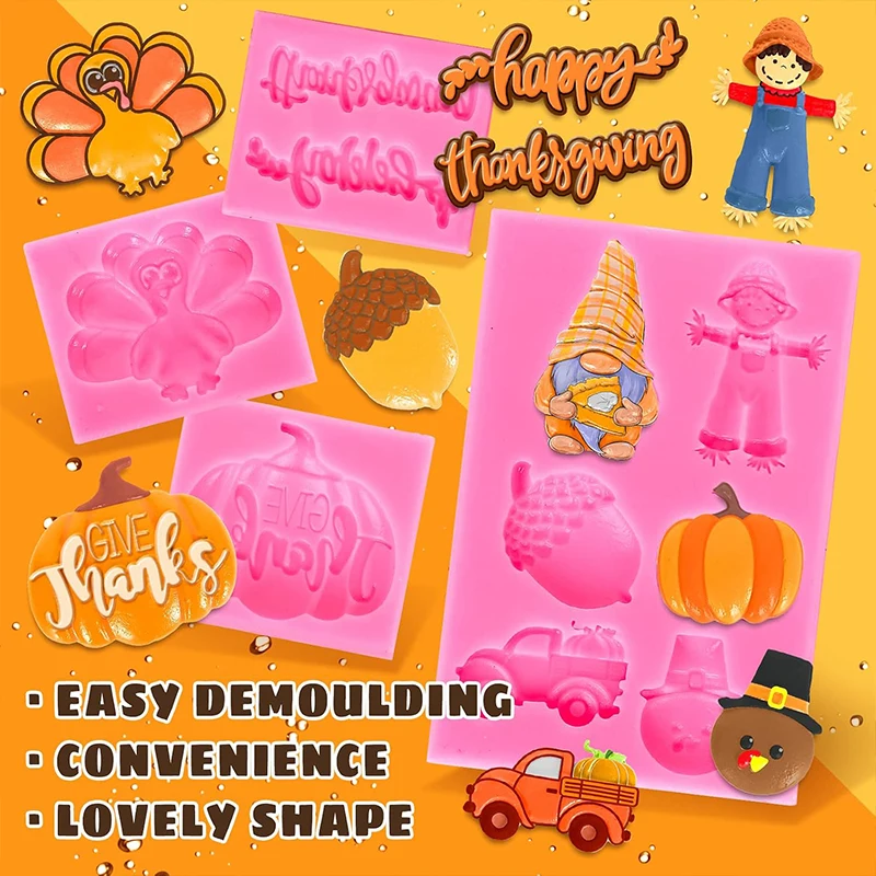 Thanksgiving Cake Decoration Silicone Mold Turkey Pumpkin Gnome Truck Chocolate Candy Baking Mould Autumn Thanksgiving Decor