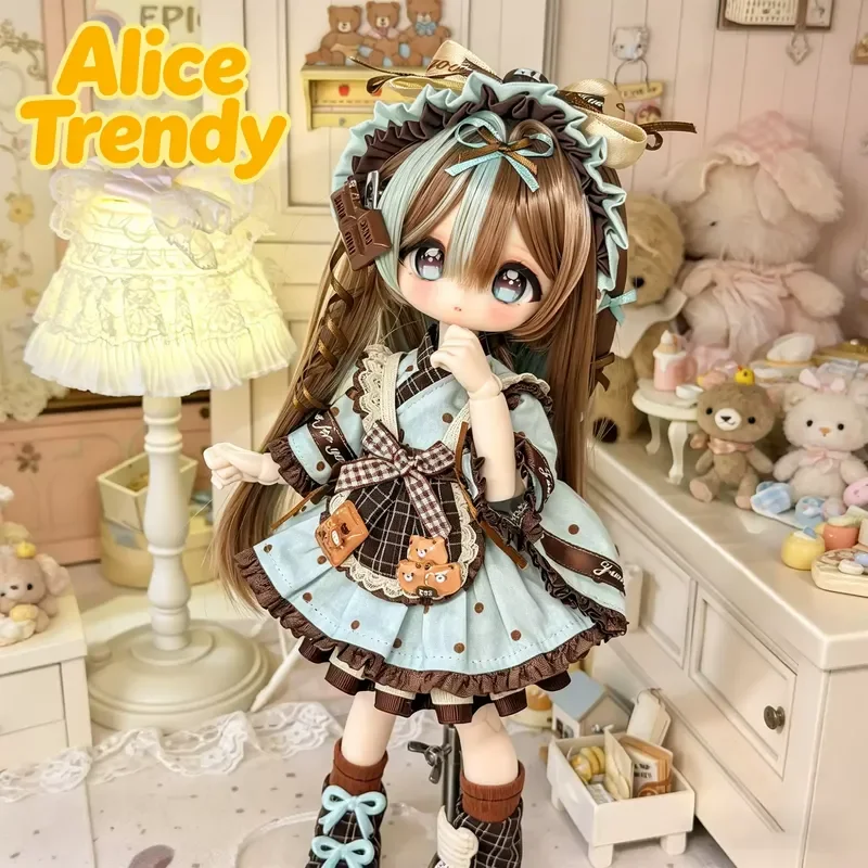 Sweet Lolita Bjd Doll Outfit Bear Print Kimono Style Dress Set With Ruffled Bonnet, Brown Pink Plaid Doll Clothes Fit 1/6 Bjd