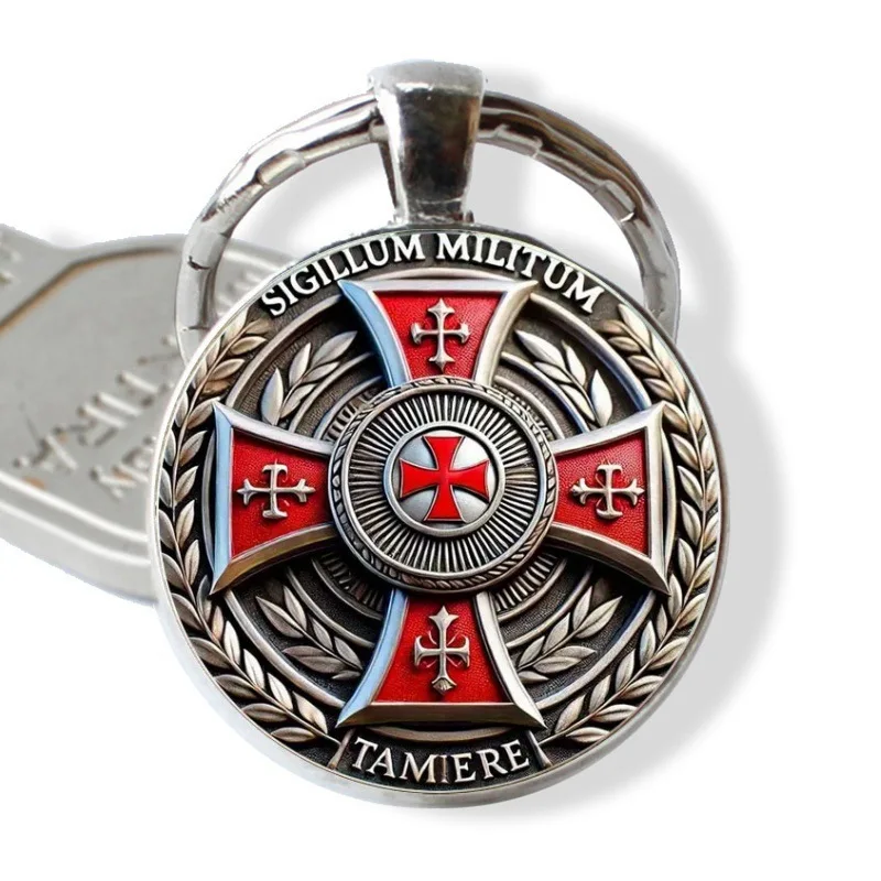 keychain  Knights Templar Red Cross Keychain Army Crusade Solomon Freemason Symbol Glass Gem Metal Key Ring Holder Jewelry Gifts