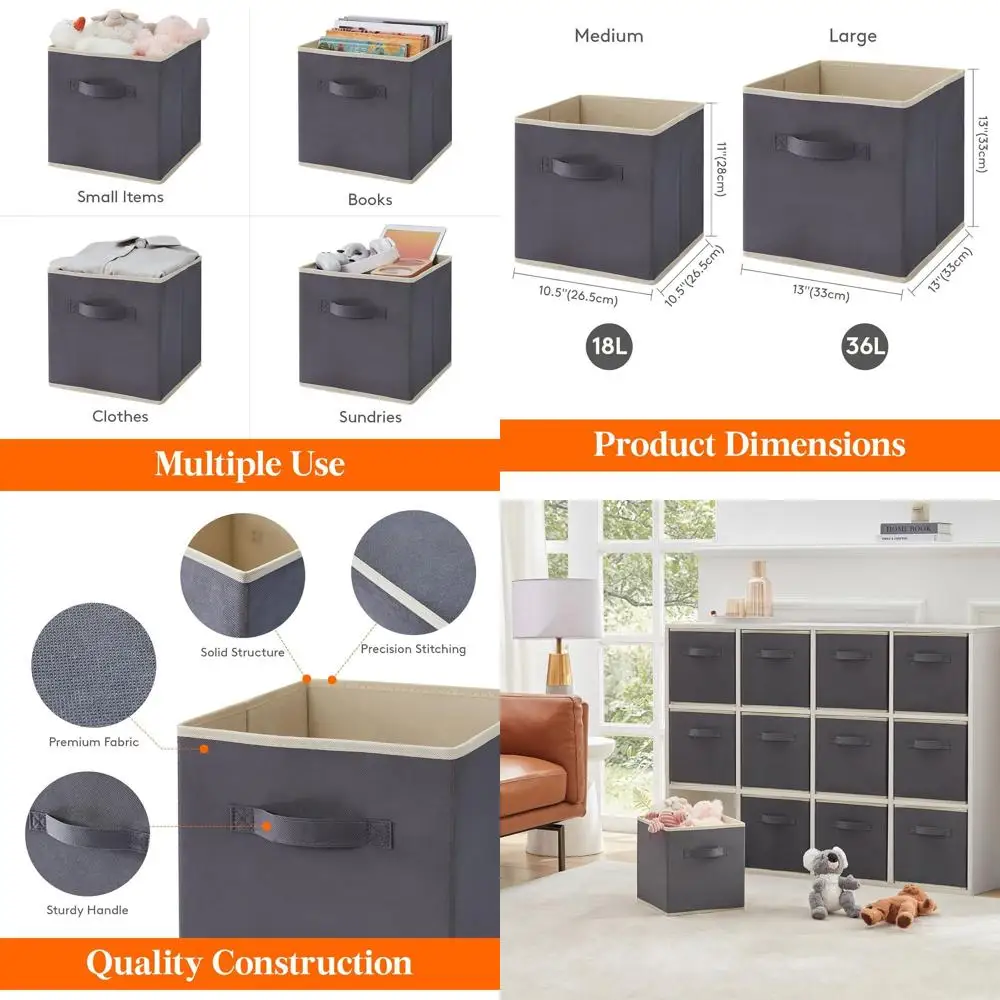 

12-Pack Foldable Fabric Storage Cubes with Handles for Home Organization, Grey