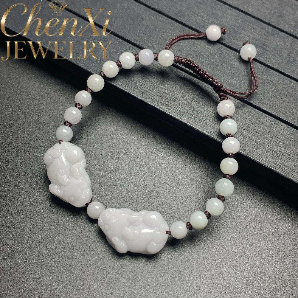 Natural Burmese Jadeite Double Kirin Charm Rope Bracelet Adjustable Braided Wrist Ornament Traditional Jewelry Exquisite Gift