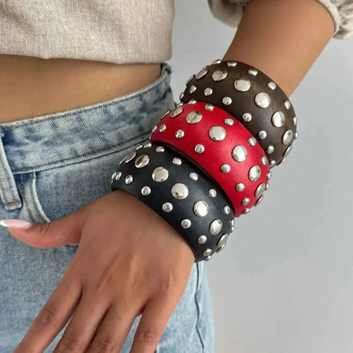 SHIXIN 3 Styles Retro Wooden Round Wide Bracelet for Women Bohemian Stackable Chunky Bangle Women Jewelry Gift Hand Accessories