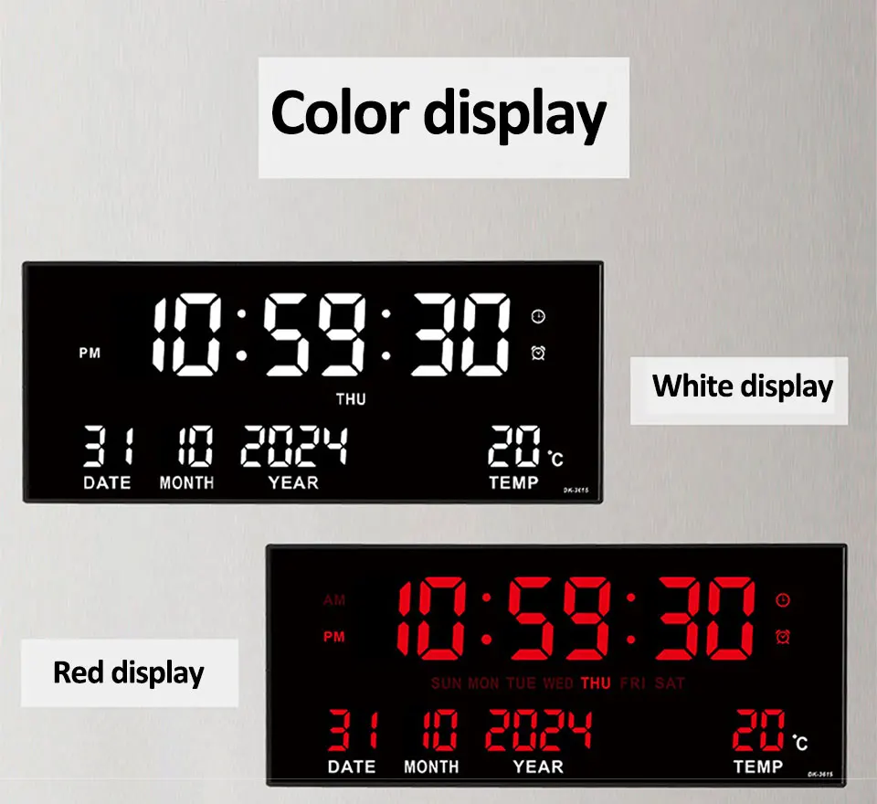 Digitale große Wanduhr, Alarm, Temperatur, Datum, Kalender, Anzeige, 8 Sätze Wecker, 35,6 cm, elektronische LED-Uhr, einsteckbar – Detail 6
