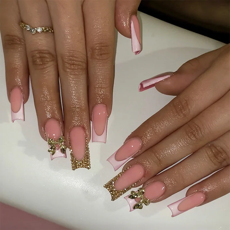 24Pcs Long Square Head Nails Set Press on White French 3D Bow Design False Nails Rhinestone Wearable Full Cover Fake Nails Tips