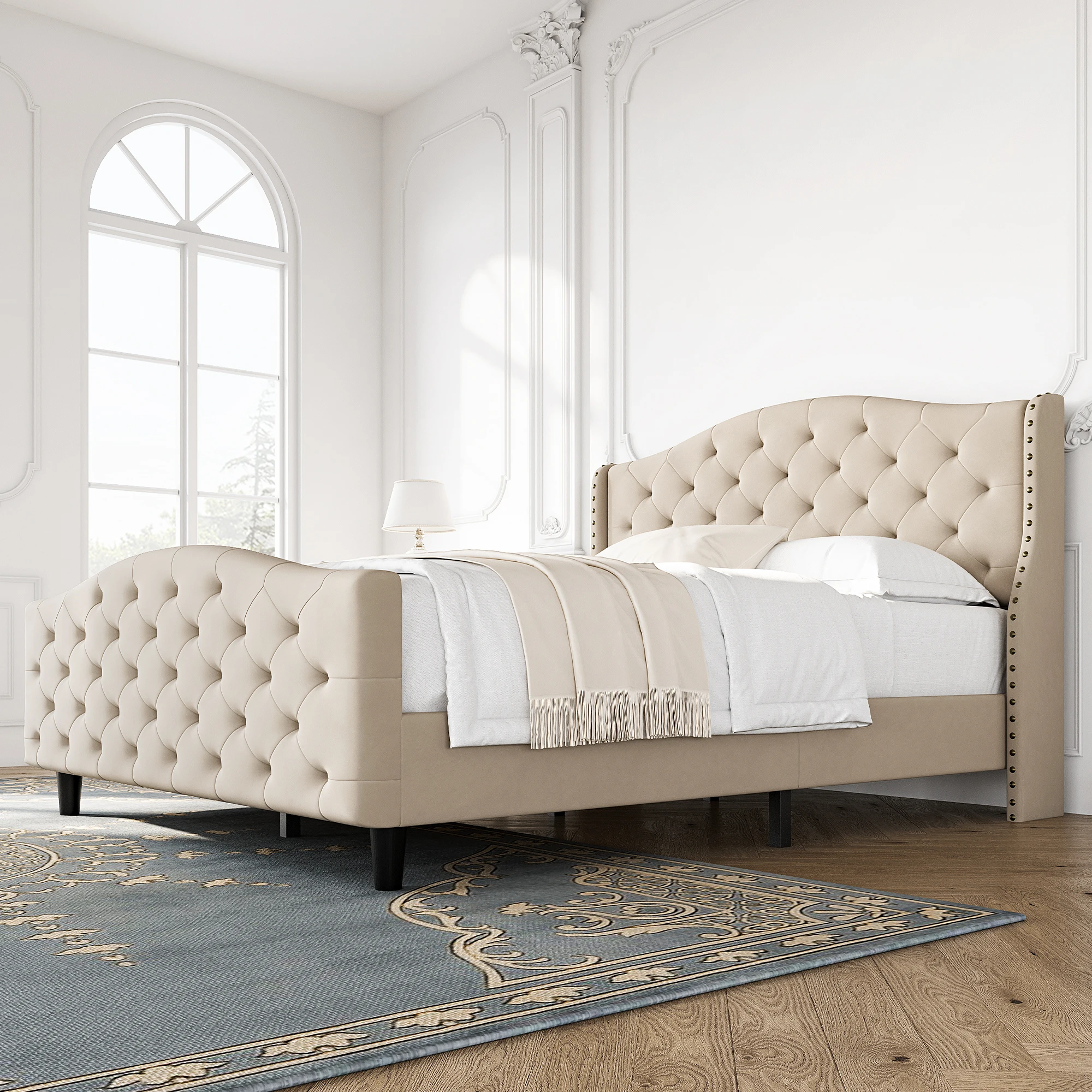 Estrutura de cama king com plataforma estofada e capitoné com cabeceira e estribo, cama de plataforma de veludo com asa elevada e cabeceira traseira