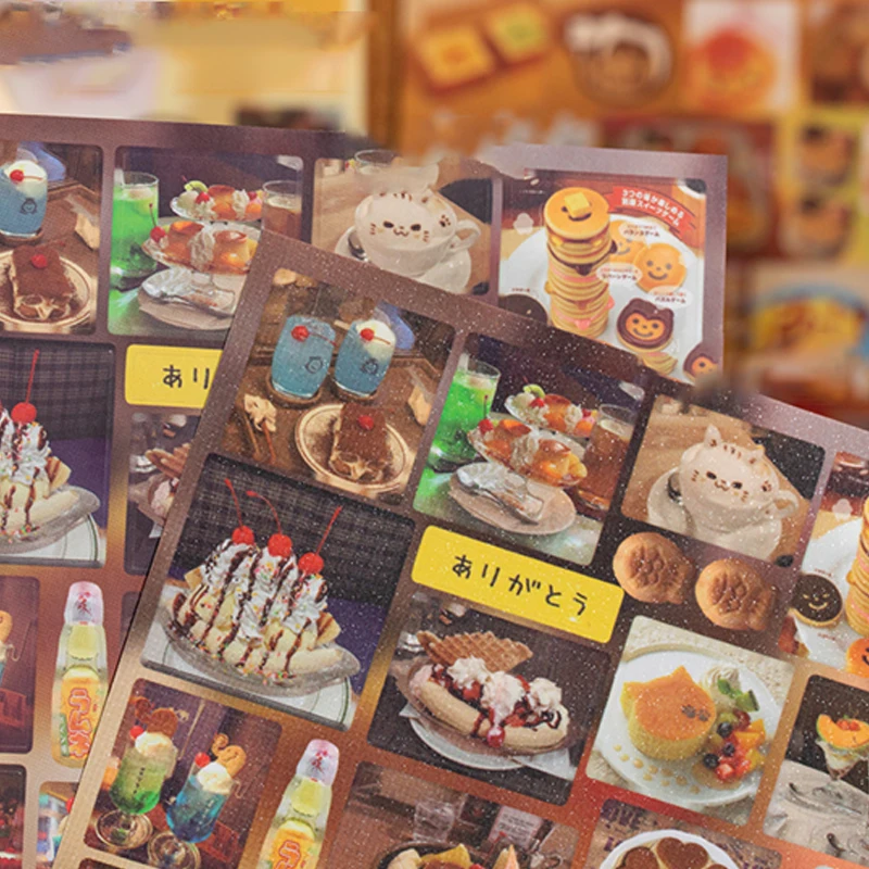 Mr.Paper 20 Sheets/Book Retro Japanese Cafe Die-Cut Sticker Book, Glitter Food Stickers for Journal Scrapbooking DIY Decor