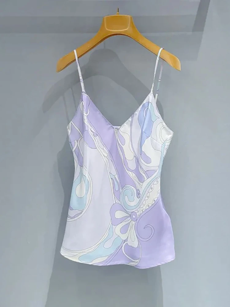Summer Fashion Beach Resort Print Silk Spaghetti Strap Camisole Women's V-Neck Sexy Backless Slim Casual Tops