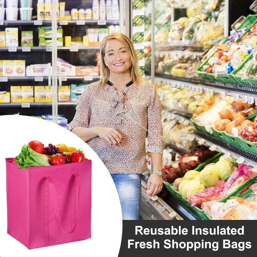 Paquete de 6 bolsas de comestibles reutilizables aisladas, bolsas para llevar aisladas de 13x10x15, bolsas de alimentos con aislamiento térmico no tejido con cremallera Coo