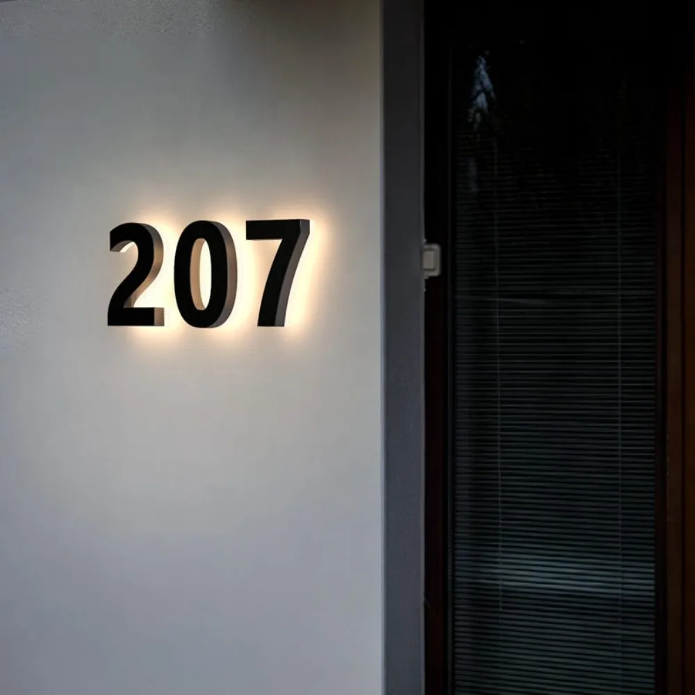 Metal 3D LED House Number Light Outdoor Stainless Steel Lighted Letter Sign Logo Address Plaque Home Hotel Door Plate Waterproof