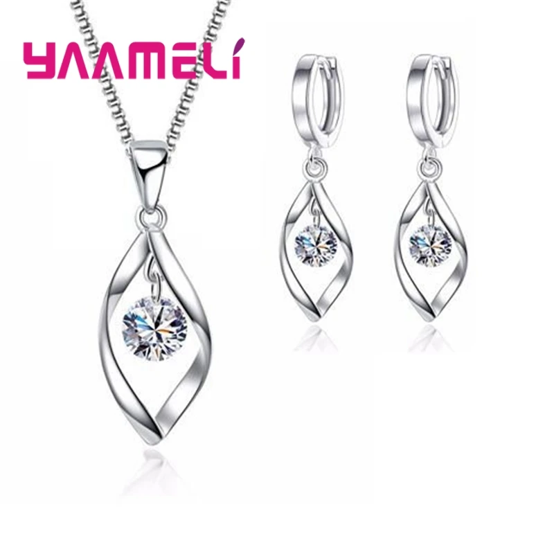 CZ Necklace Earring Bridal Jewelry Sets Wholesale S925 Sterling Silver Color Shining Cubic Zircon Water Drop Wedding Engagement