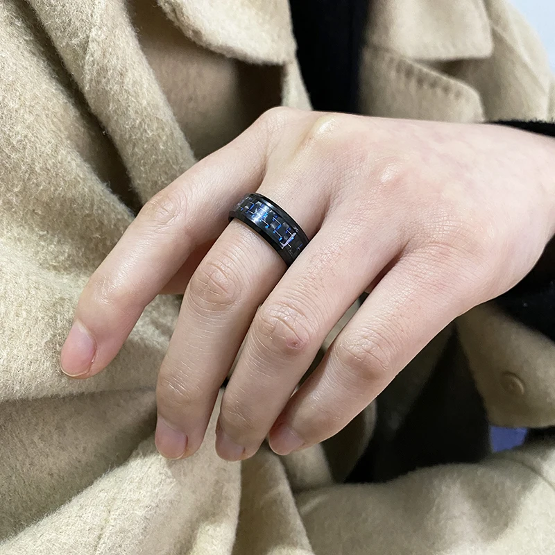 

8MM Stainless Steel Black Carbon Fiber Rings Fashion Red Blue Ring Anel Masculino Men Women Cool Charm Jewelry Gifts Wholesale