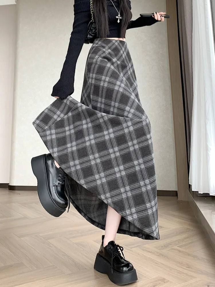 Retro Krata Wełniana Spódnica Midi w Kształcie Litery A z Wysokim Stanem Wyszczuplająca Rozmiar Plus Size dla Wysokich Kobiet Jesień Zima Koreański Styl Dojazdy do Pracy