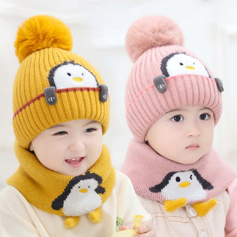 Adorable Penguin Kids Hat Scarf Sets Autumn and Winter Thicken Warm Baby Knitted Cap Boys Girls Winter Bucket Hat Wool Hats