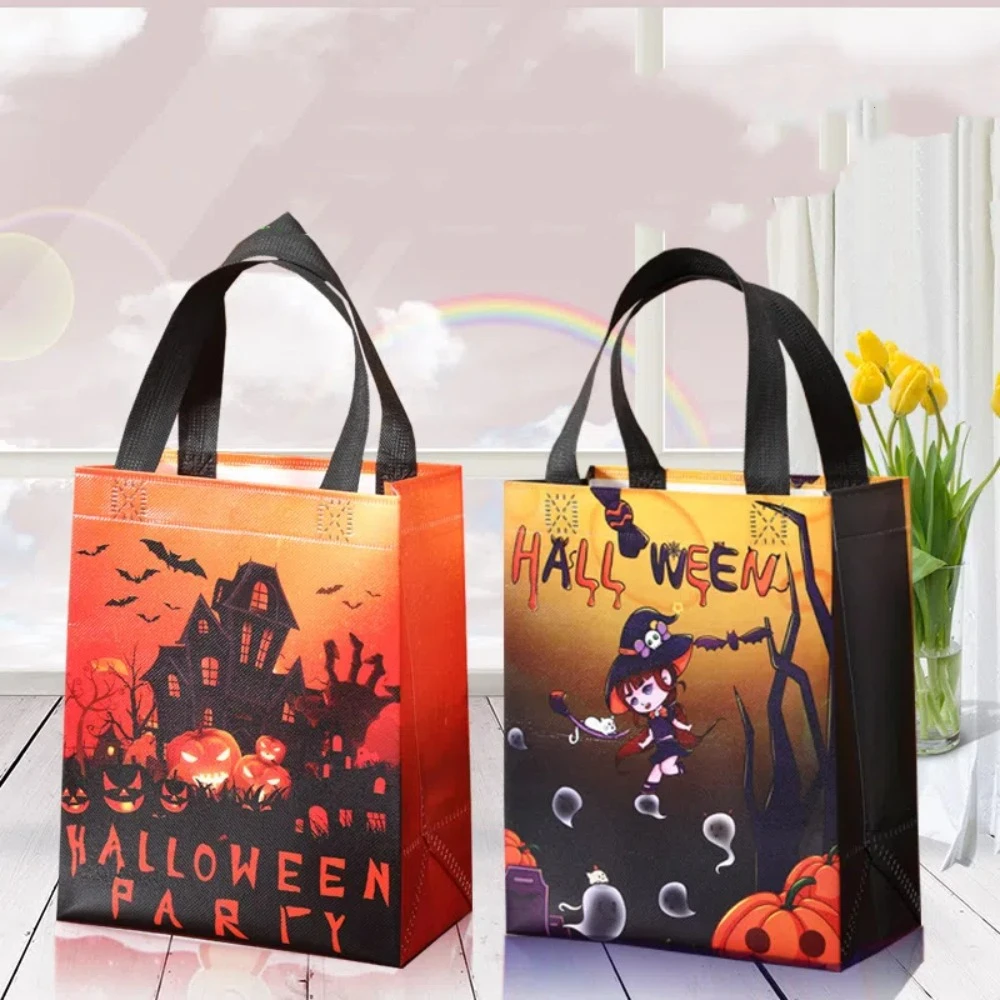 Bolso de mano no tejido con estampado de diablo para Halloween, bolsa de regalo de gran capacidad con diseño creativo de murciélago de dibujos animados y calabaza para compras