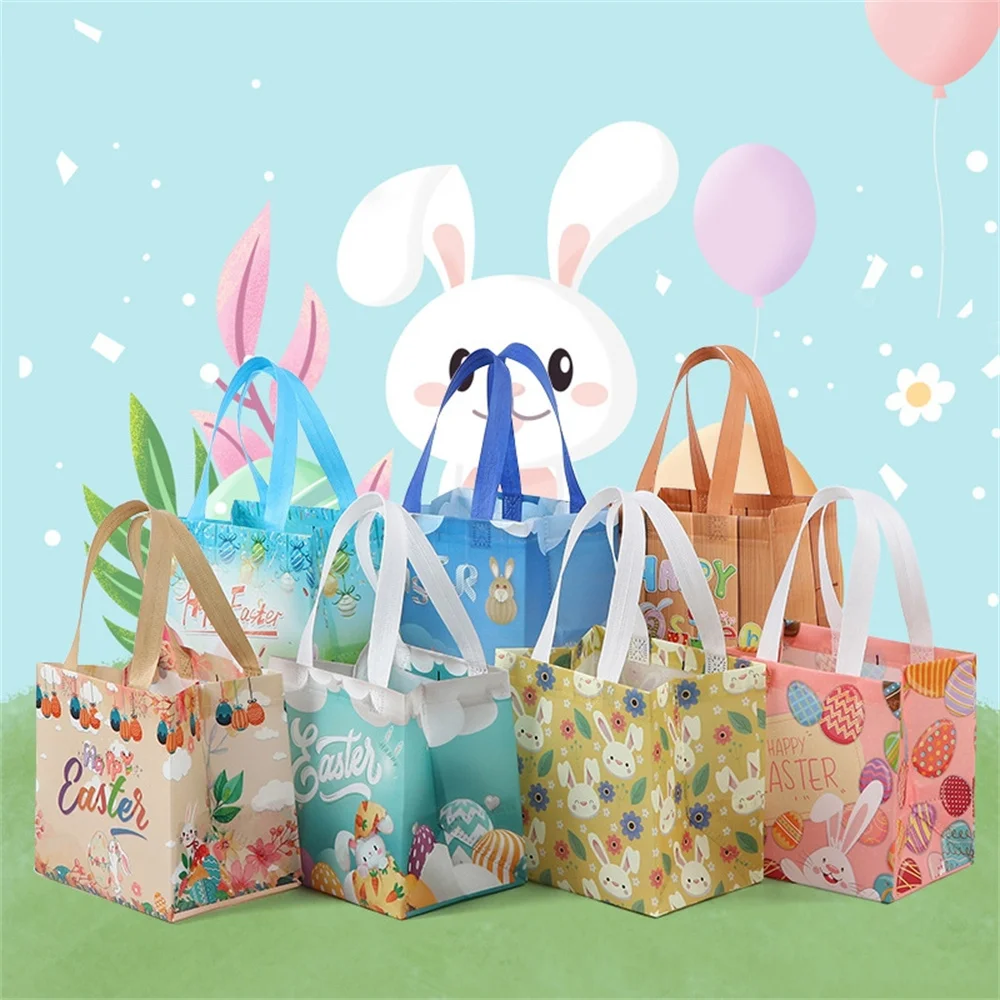 Happy Easter Colorful Egg Non-Woven Gift Bag Cute Bunny Handicraft Ornament Present Tote Bag Cookie Candy Packaging Bag For Kids