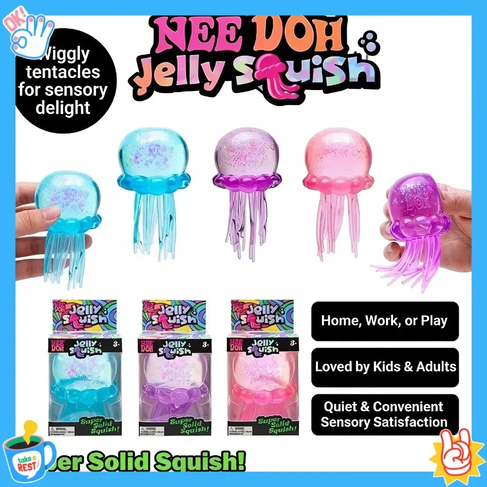 New Trending Nee Doh Jellyfish & Cube Squish Toy, Soft Jelly Squeeze Stress Relief Fidget Toy, Sensory NeeDoh for Kids & Adults*