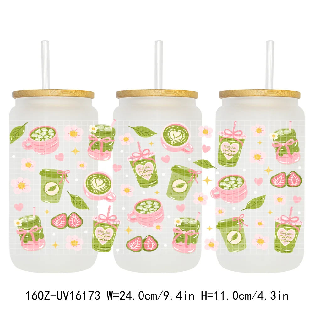 Coquette Green Tea Iced Matcha Latte UV DTF Wrap Transfer Sticker Selfadhesive Waterproof High Quality For 16OZ Libbey Glass Can