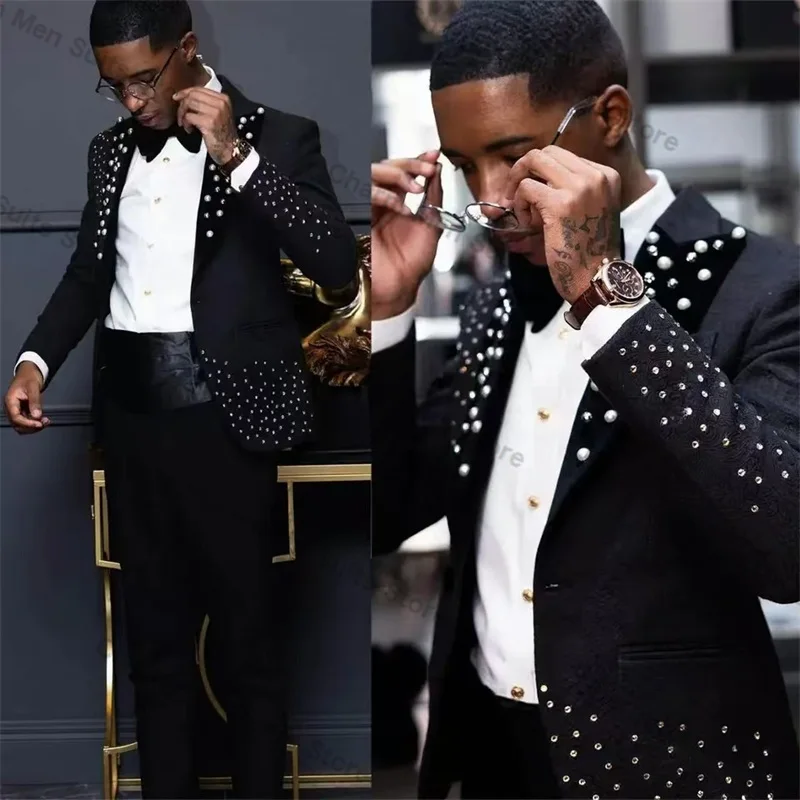 Black Crystals Men Suits Set 2 Piece Blazer+Pant Trousers Custom Made Wedding Tuxedo Formal Office Business Prom Jacket Coat